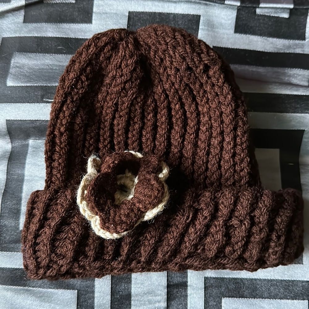 Homemade Hand Crocheted Brown & Tan flower Beanie Winter Hat-Kids